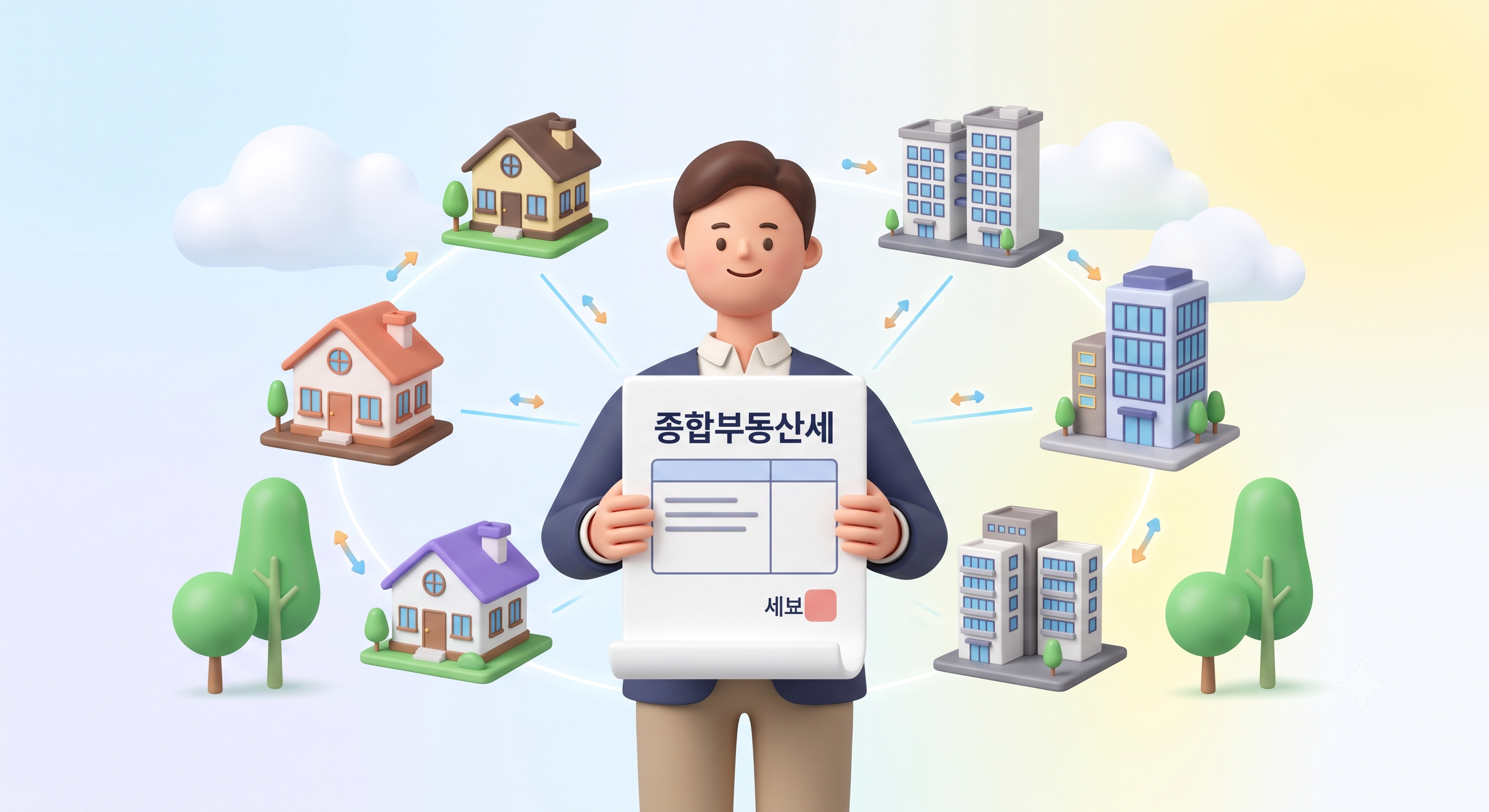 "종합부동산세" 계산서를 든 3D 캐릭터와 주변 주택 및 건물 모형들.