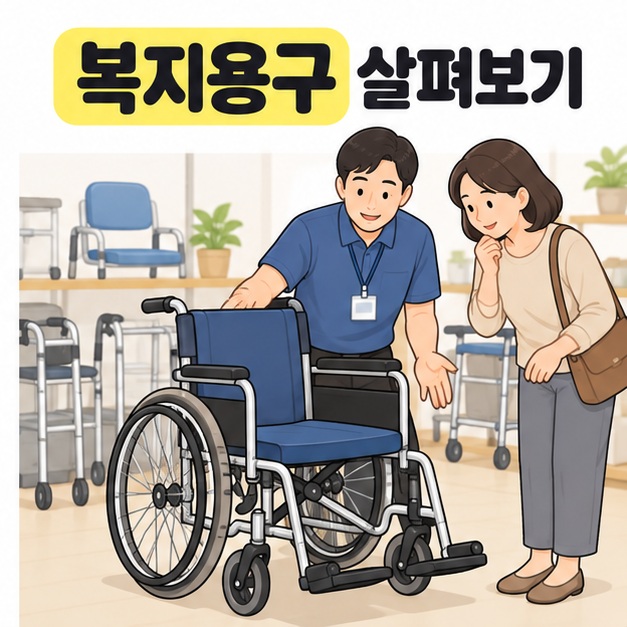 복지용구 살펴보기 문구 아래 복지용구 매장에서 직원과 성인 가족이 수동휠체어를 살펴보는 장면
