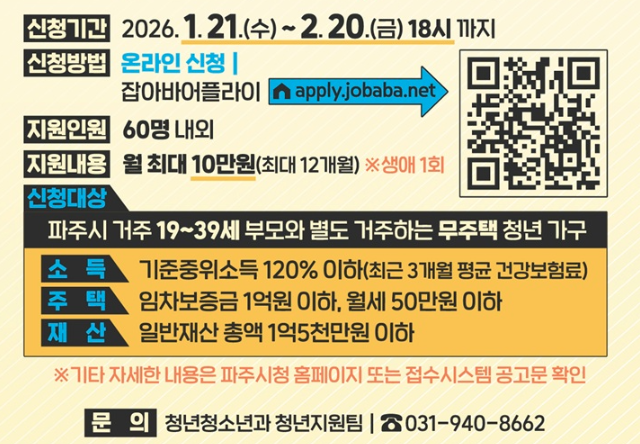2026 파주시 청년월세지원 120만원 신청기간