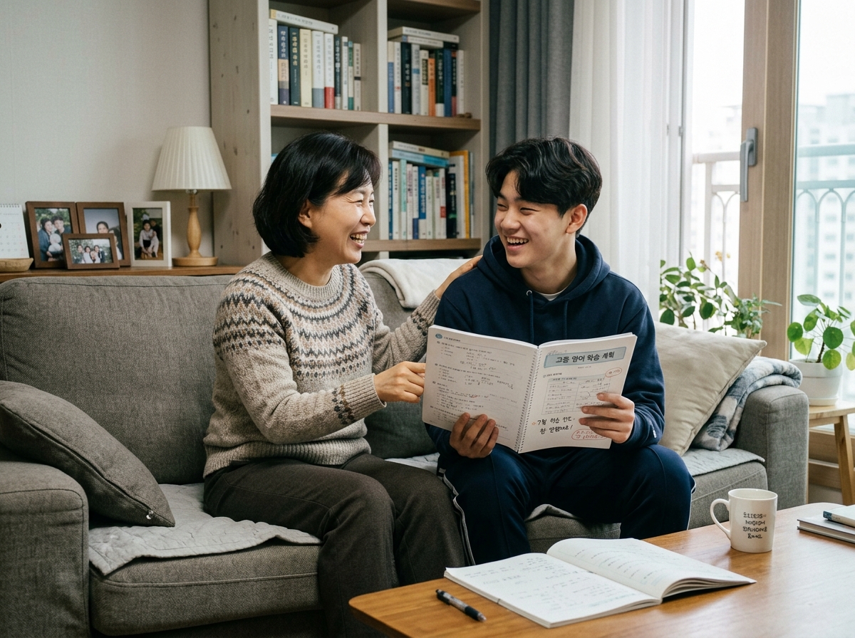 학부모가 고등학생 자녀의 수학 학습 태도와 목표를 코칭하며 대화하는 모습