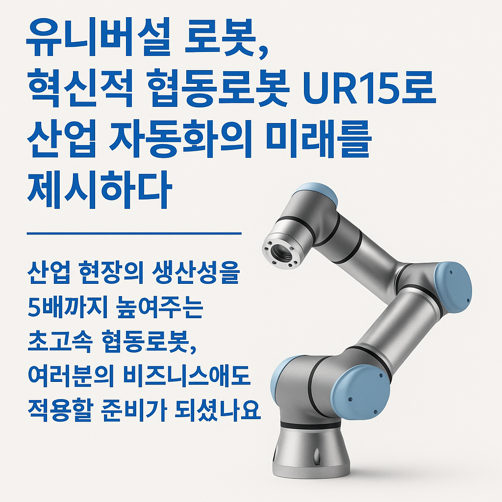 UR15 협동로봇: 유니버설 로봇이 선보인 산업 자동화용 초고속 협동로봇. 속도와 정밀성을 강조한 메탈릭 디자인의 팔형 로봇 이미지와 함께 한글 소개 문구가 함께 배치됨.