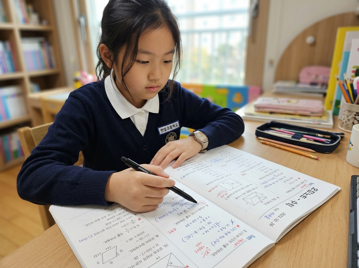 초등학생이 오답 노트를 보며 틀린 문제의 원인을 분석하고 다시 확인하는 모습