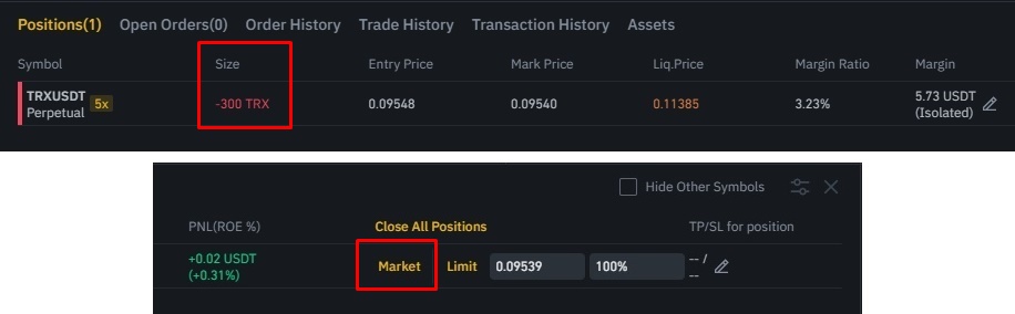 바이낸스 선물 포지션에서 수량 -300개, 시장가 종료버튼에 빨간 네모박스가 쳐짐