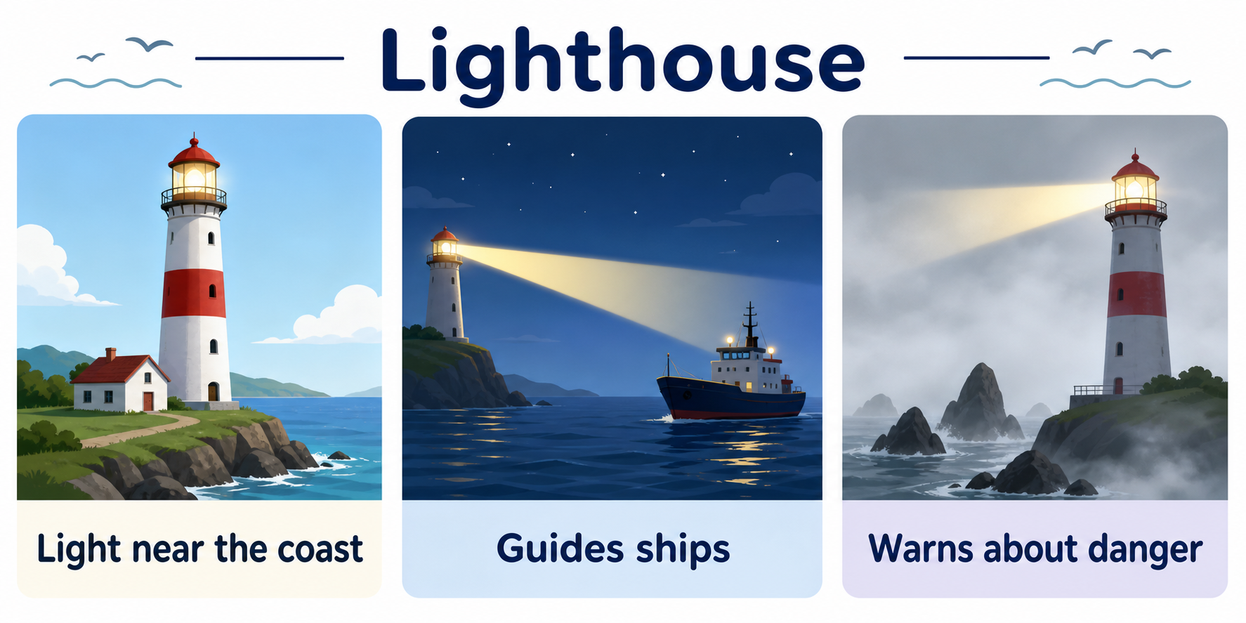 Infographic explaining how a lighthouse guides ships and warns about danger