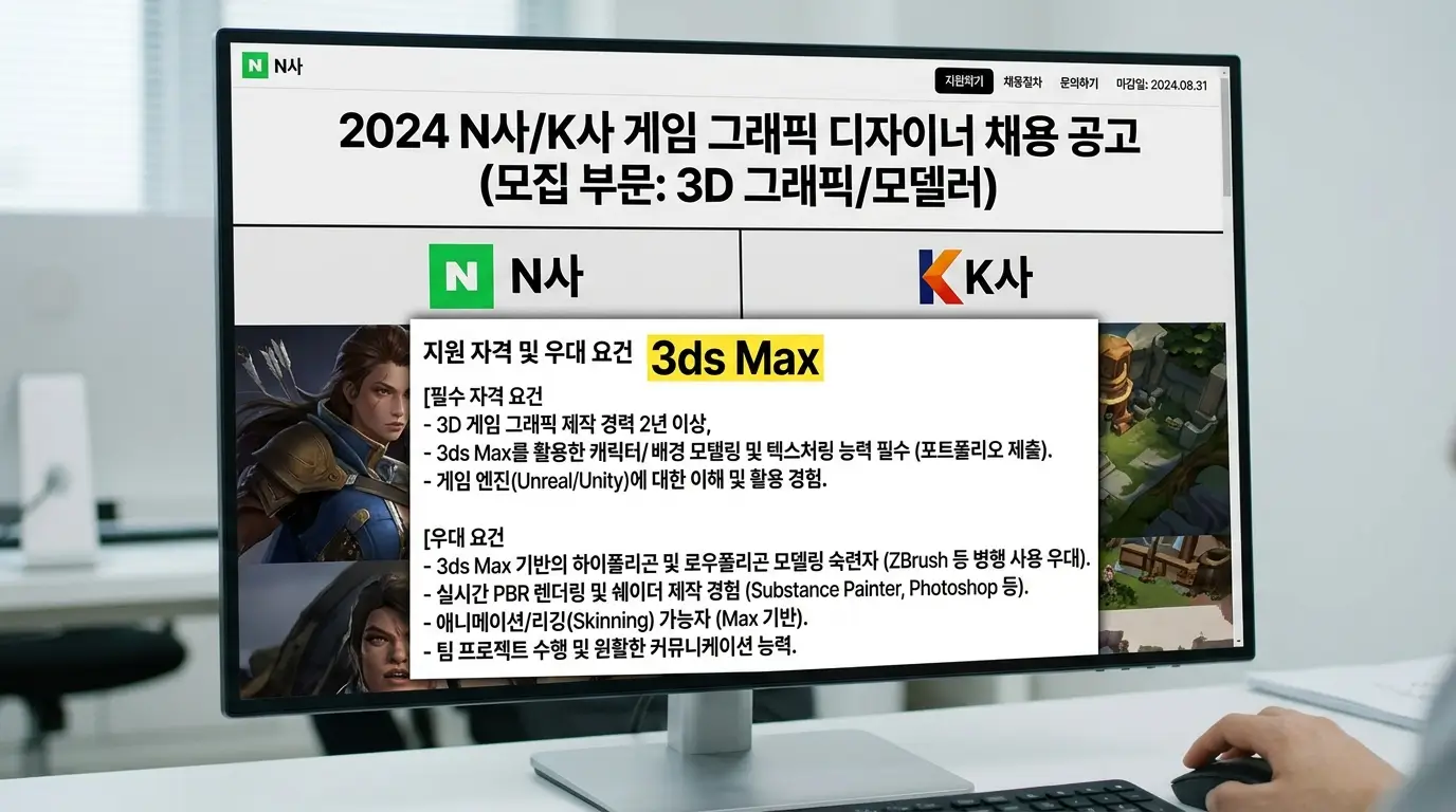 국내 N사 K사 게임 그래픽 디자이너 채용 공고의 3ds Max 필수 우대 요건 캡처 화면