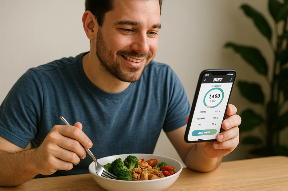 스마트 앱으로 식단관리 하는 30대 남자 사진