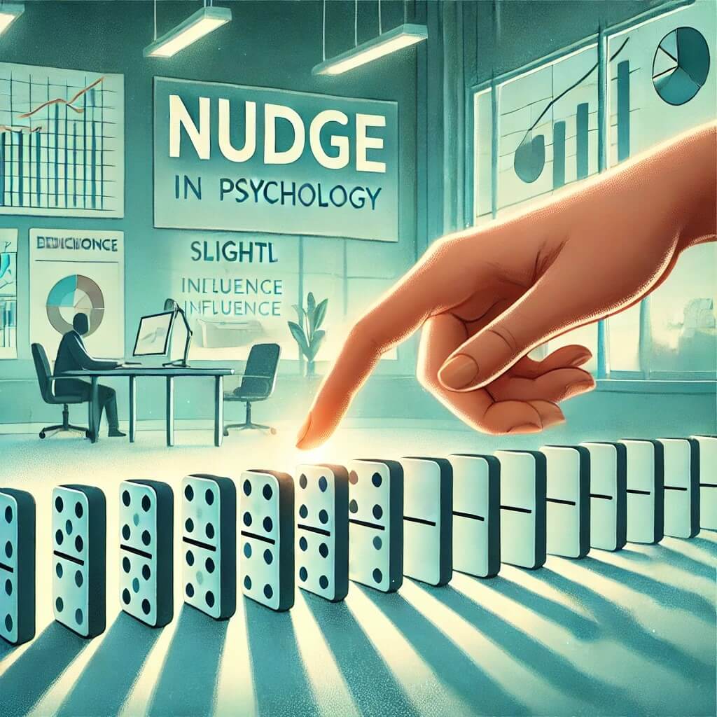 도미노의 모습을 통해 작은 개입이 큰 결정을 이끌어내는 넛지 이론을 설명