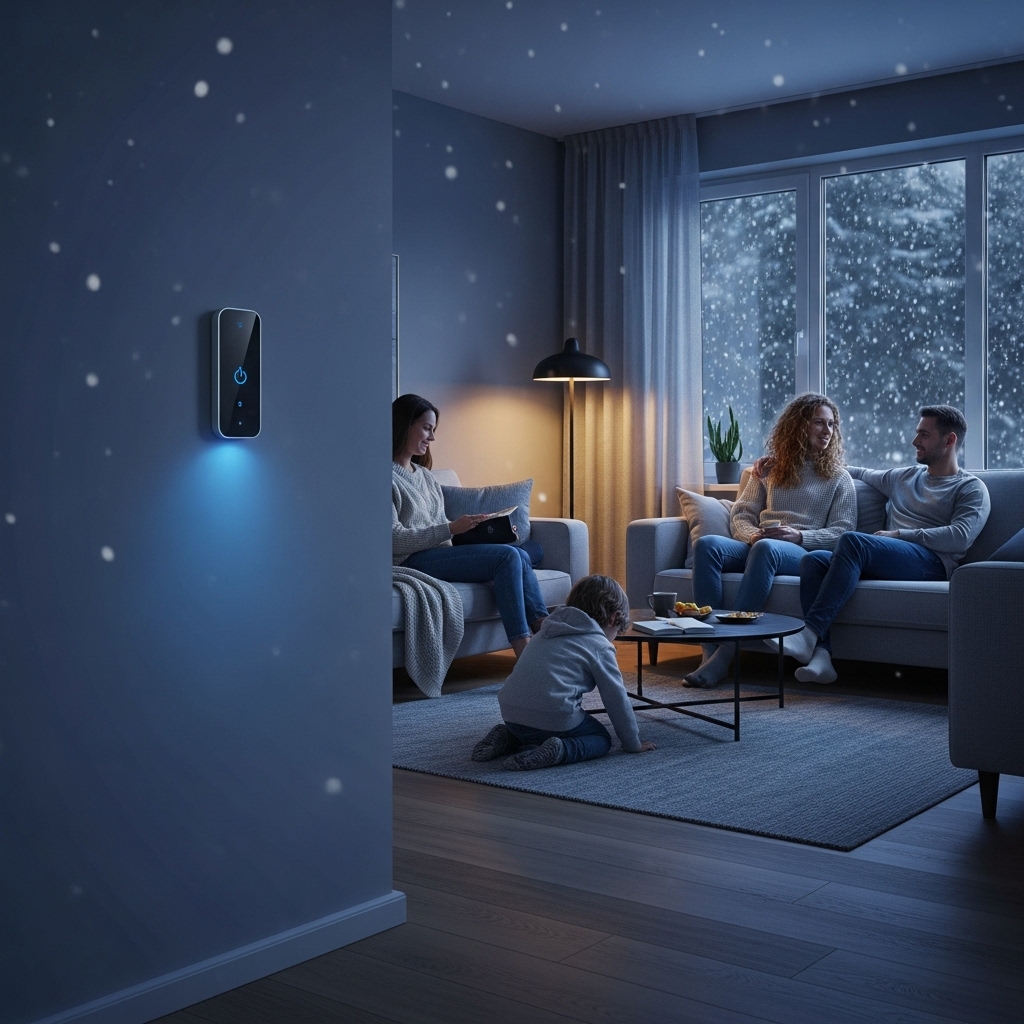 따뜻하고 현대적인 스마트홈 거실에서 가족이 편안하게 휴식을 취하며 스마트 온도 조절기가 효율적인 난방을 제어하는 겨울 풍경.