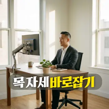 목 자세 바로잡기
30대 한국인 직장인 남성이 햇살이 부드럽게 들어오는 깔끔한 사무실 책상 앞에 바른 자세로 앉아 있는 모습. 모니터는 모니터 암을 통해 눈높이에 맞춰 높게 조절되어 있고, 인물이 정면을 똑바로 응시하며 편안한 표정을 짓고 있음.