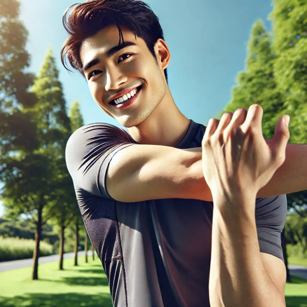근육 긴장을 풀기 위해 야외에서 활기차게 스트레칭하는 동양인 남성