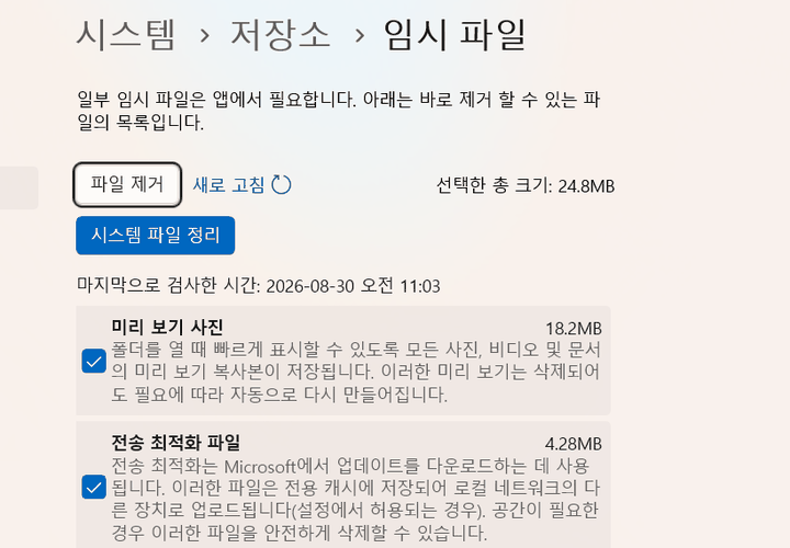 윈도우 11 설정 앱이 표시한 임시 파일 목록과 총 크기