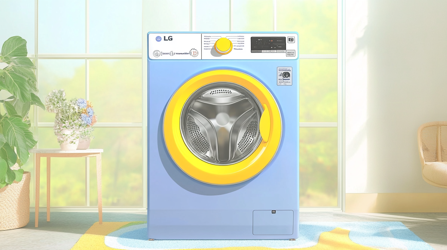 독특한 색상과 세련된 디자인을 자랑하는 LG 세탁기가 현대적인 인테리어 배경에 어우러져 있는 모습