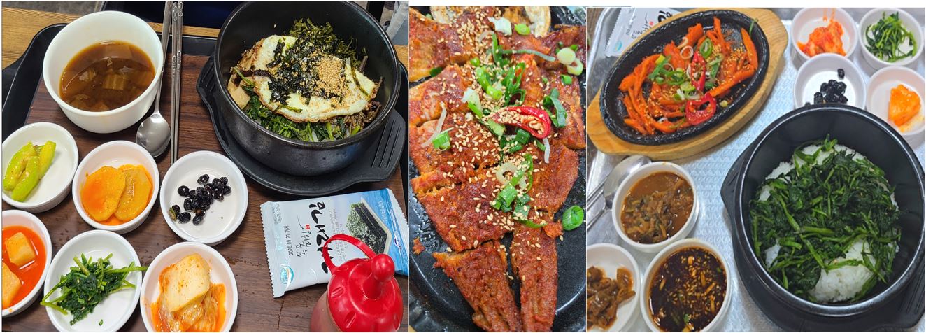 까무하우스의 산채비빔밥, 황태구이, 더덕구이, 곤드레밥 등 건강한 식사들