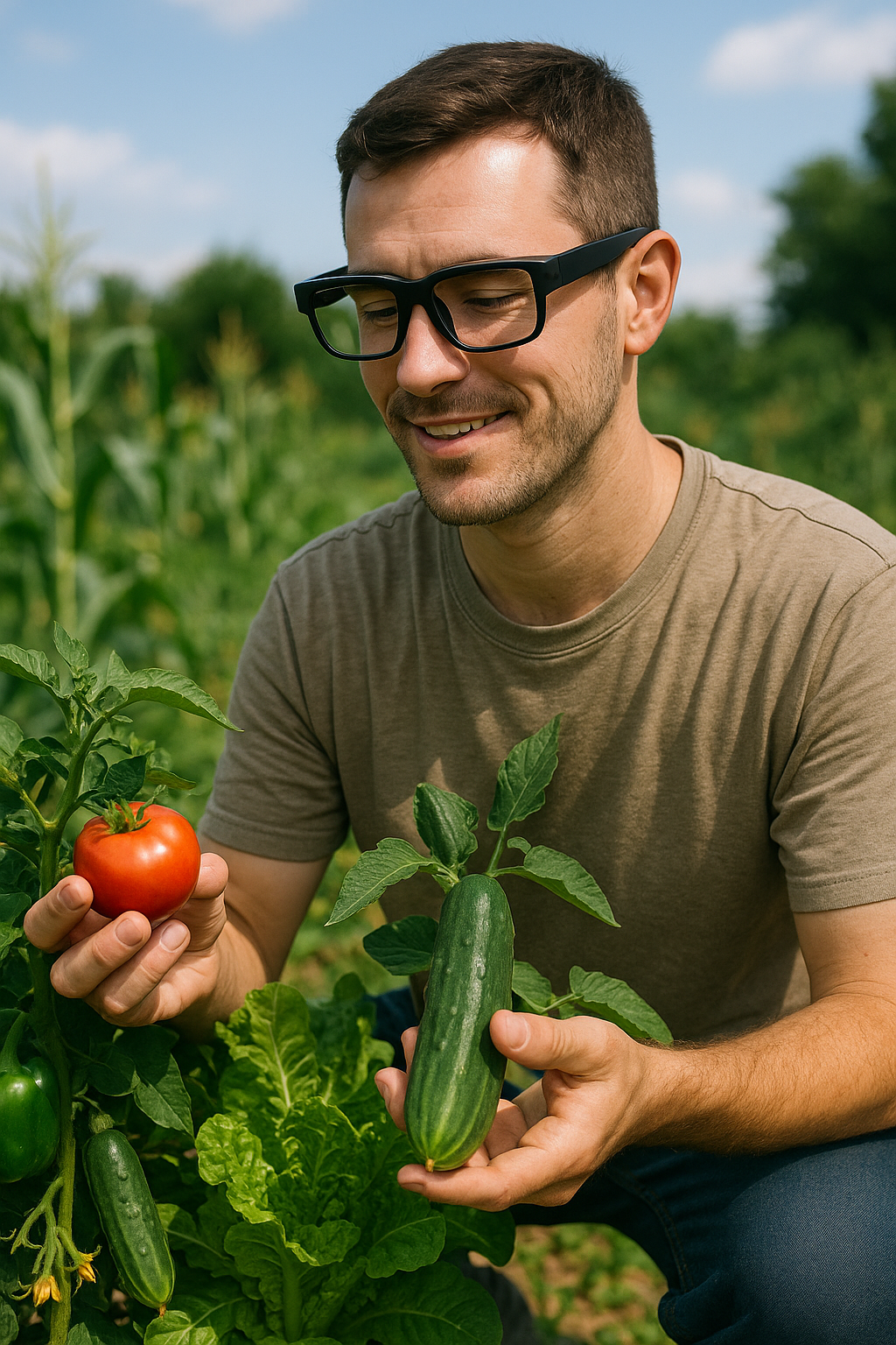 AI 안경을 쓰고 채소를 살피는 남성