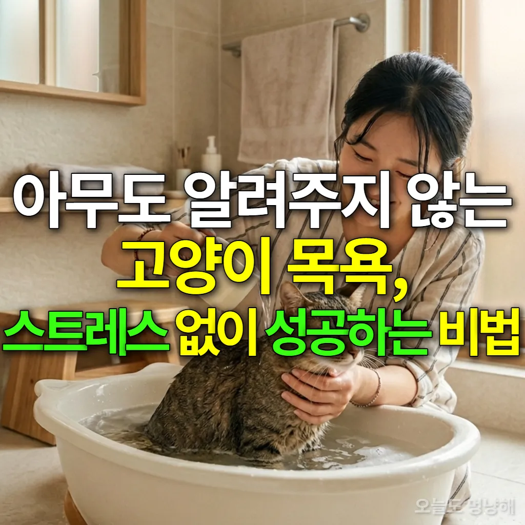 한국인 여성이 편안해 보이는 고양이를 부드럽게 목욕시키는 모습