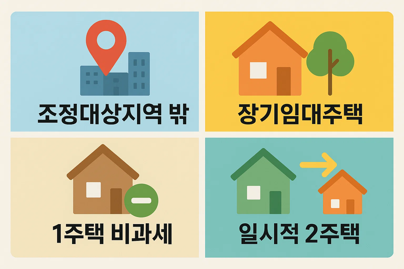 양도소득세 중과에서 제외되는 사례로 조정대상지역 외 주택, 장기임대주택, 1주택 비과세, 일시적 2주택 인정 조건을 설명한 절세 인포그래픽