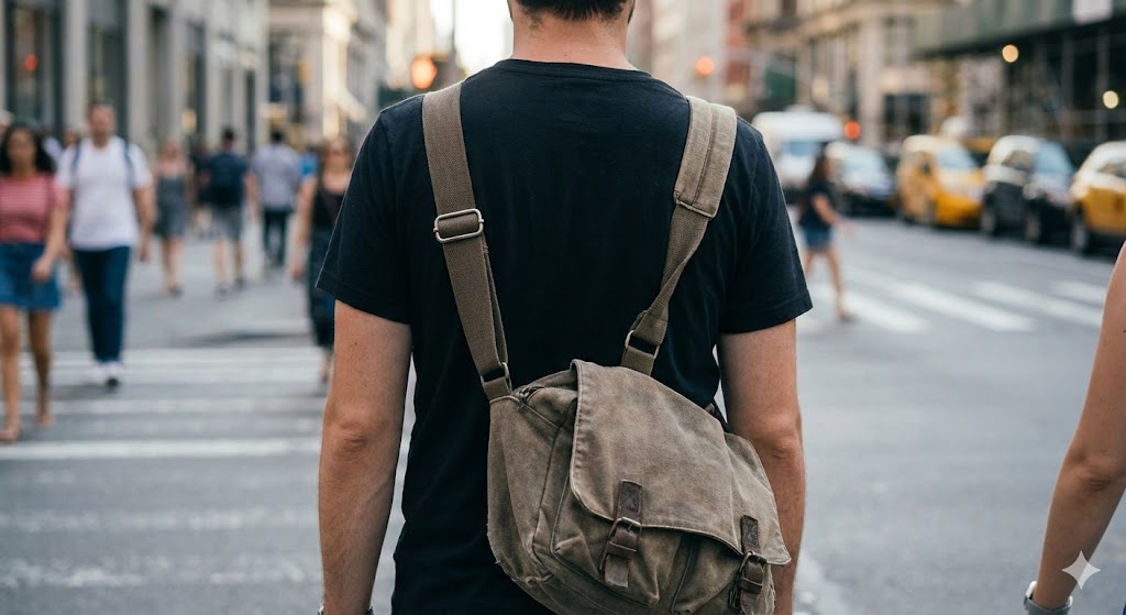 한쪽-어깨끈만-비대칭으로-축-늘어진-백팩의-뒷모습과-헐거워진-가방끈-조절-버클을-클로즈업한-이미지