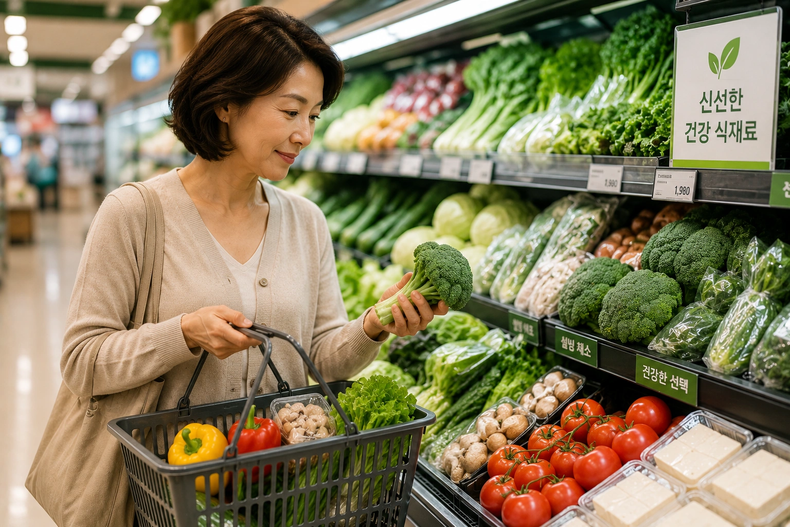중년 여성이 마트 신선식품 코너에서 브로콜리와 채소를 고르며 당뇨 식단에 적합한 건강한 식재료를 선택하는 모습
