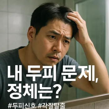 * 이미지 프롬프트: 20대 후반의 한국인 남성이 현대적이고 깔끔한 욕실 거울 앞에서 자신의 머리카락을 손으로 살짝 넘기며 두피를 살펴보고 있다. 그의 얼굴에는 걱정스럽지만 진지한 표정이 담겨 있다. 측면에서 들어오는 부드러운 자연광이 그의 얼굴과 머리카락의 질감을 섬세하게 비춘다. 거울에 비친 모습은 살짝 흐릿하게 처리되어 그의 고민에 찬 내면에 초점을 맞춘다. 극사실주의 사진 스타일.

* 썸네일 텍스트(제목): 내 두피 문제, 정체는?

* 해시태그: #두피신호 #각질탈출