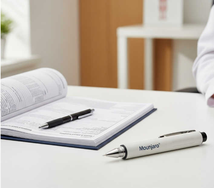 진료 차트와 펜이 놓여 있는 깨끗한 책상 위, 마운자로 주사펜이 함께 놓여 있다. 의료진과의 상담을 통해 신중하게 약을 선택하는 과정을 상징적으로 보여준다.