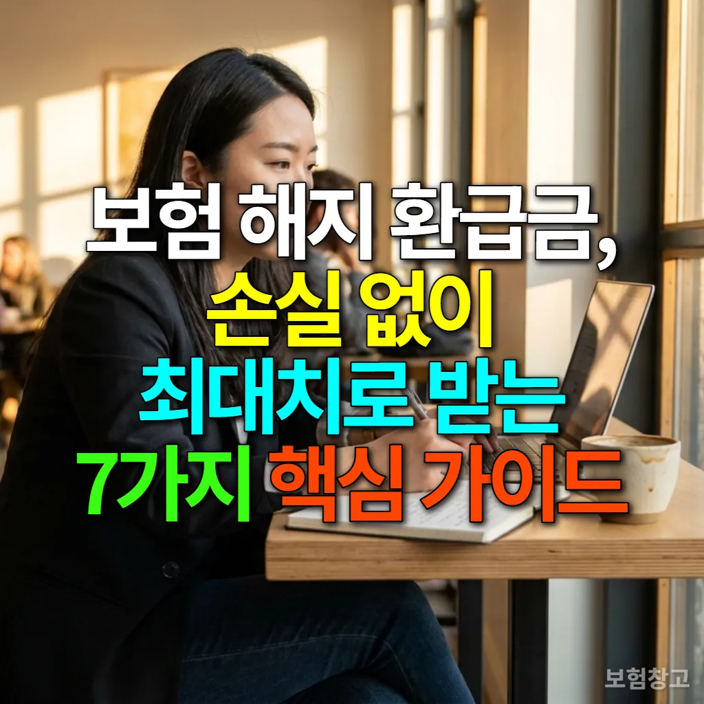 카페에서 노트북을 보며 보험 서류를 검토하는 젊은 한국 여성