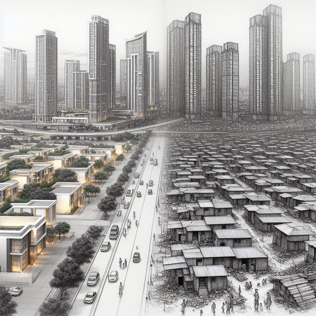 연필로 스케치된 그림. 고급 주택 지역과 빈민가 지역이 대비되며, 젠트리피케이션의 영향을 표현한 이미지