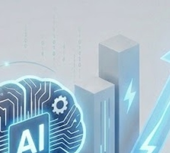 인공지능(AI) 기술의 발전과 이에 따른 전력 및 데이터 센터 인프라의 폭발적인 성장을 시각화한 입체 그래픽 이미지입니다.