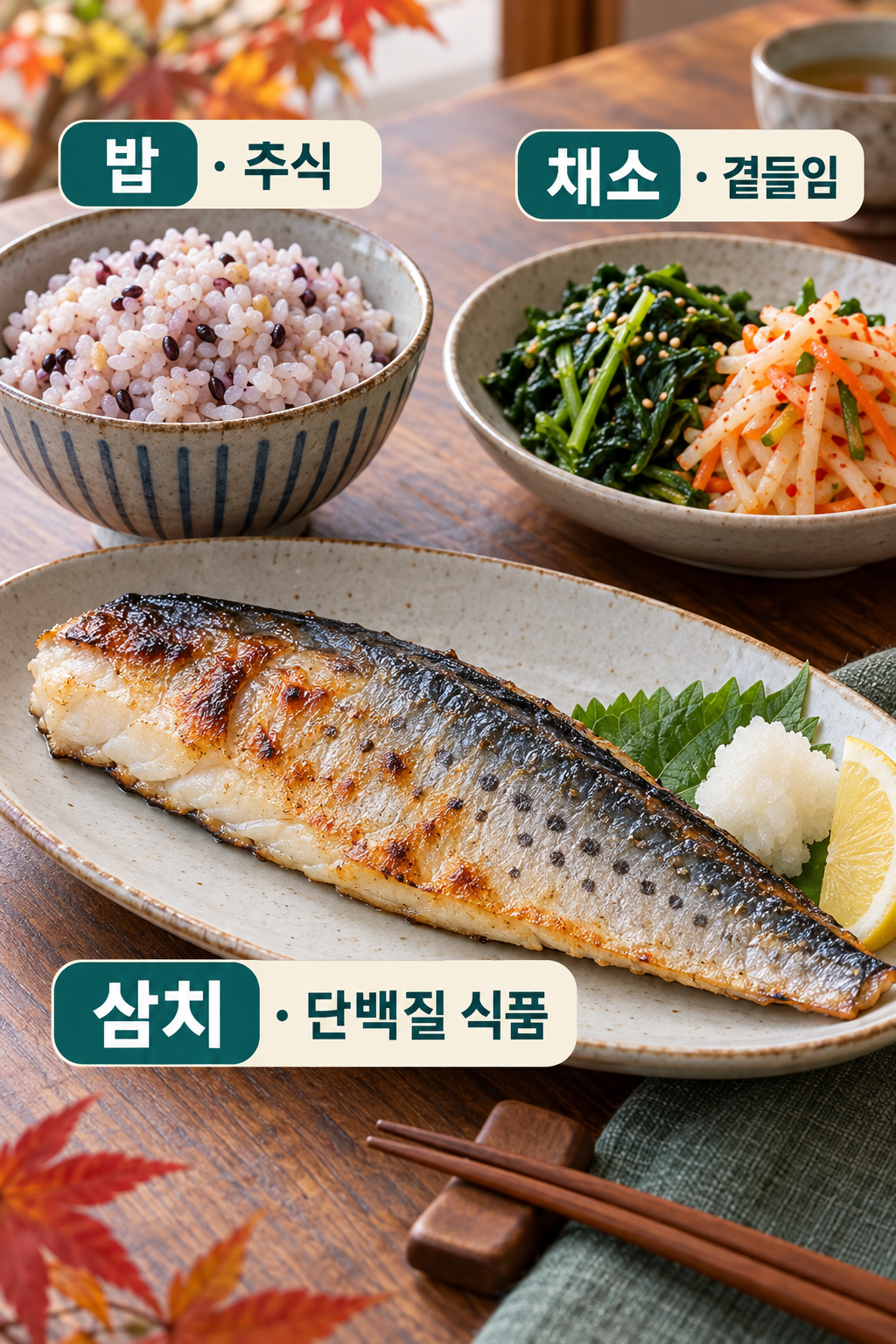 삼치구이&middot;밥&middot;푸른 채소와 무 반찬을 함께 차린 식탁.