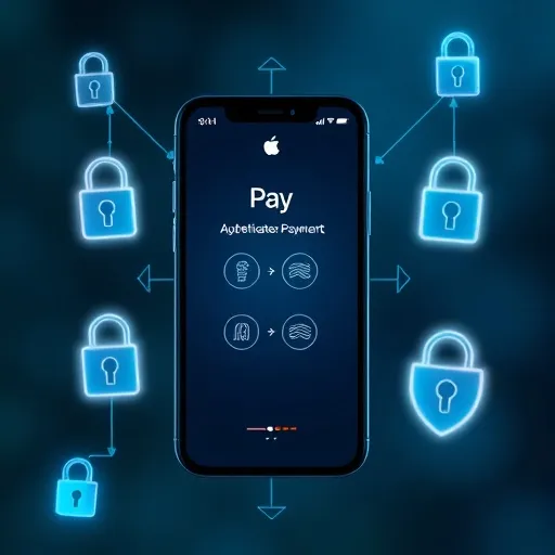 아이폰 화면에 애플페이 결제 시 Face ID 또는 Touch ID로 인증하는 과정을 보여주는 인터페이스를 나타냅니다. 주변에는 가상화된 자물쇠, 방패 등의 보안 관련 아이콘들이 디지털 효과로 감싸는 듯한 느낌을 주어, 안전한 결제를 상징적으로 나타냅니다.