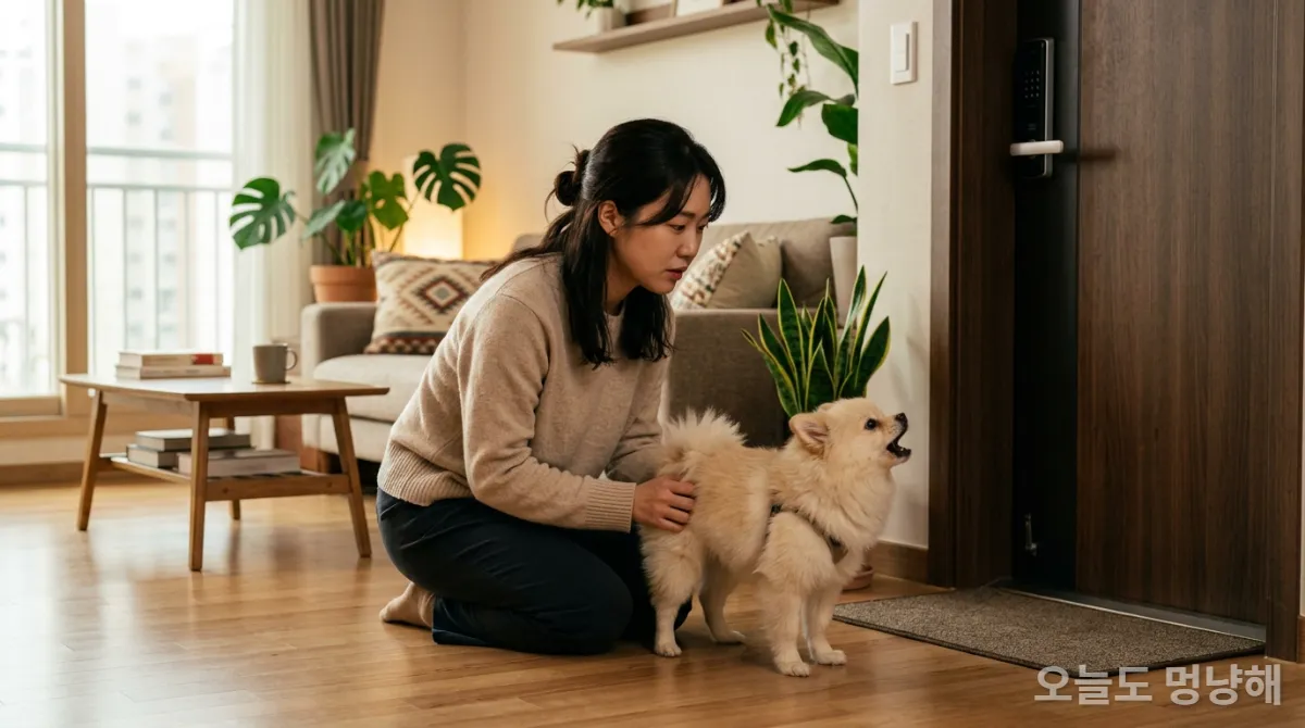 강아지의 문제 행동을 걱정스럽게 바라보는 한국인 여성의 모습