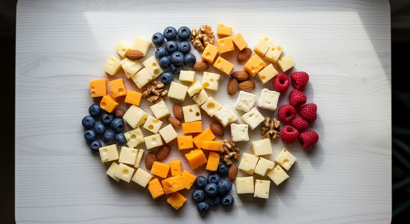 견과류와 베리류가 곁들여진 건강하고 맛있는 치즈 간식 플래터, 부모님을 위한 영양 간식 이미지