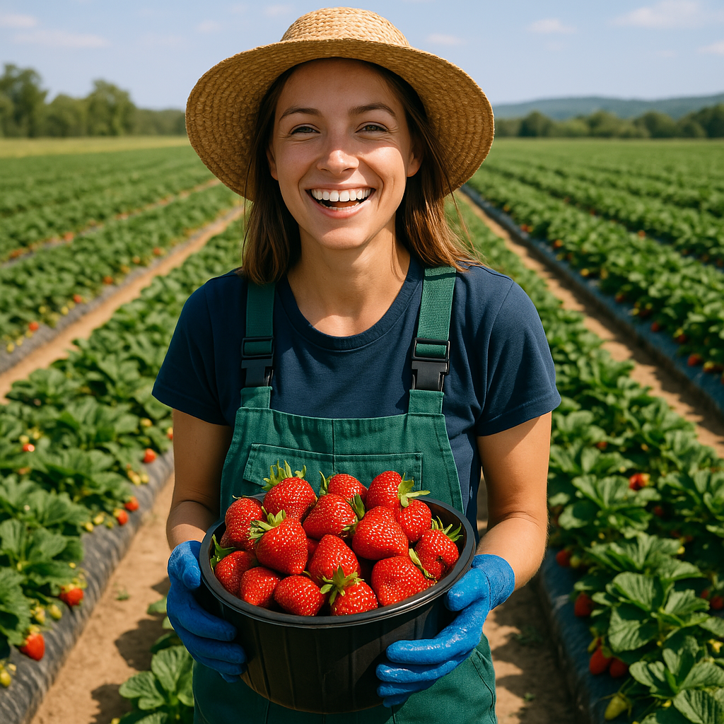 호주 딸기농장에서 웃으며 일하는중