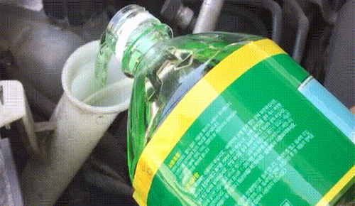 초록색 플라스틱 통에서 차량 워셔액 주입구로 액체를 붓는 모습