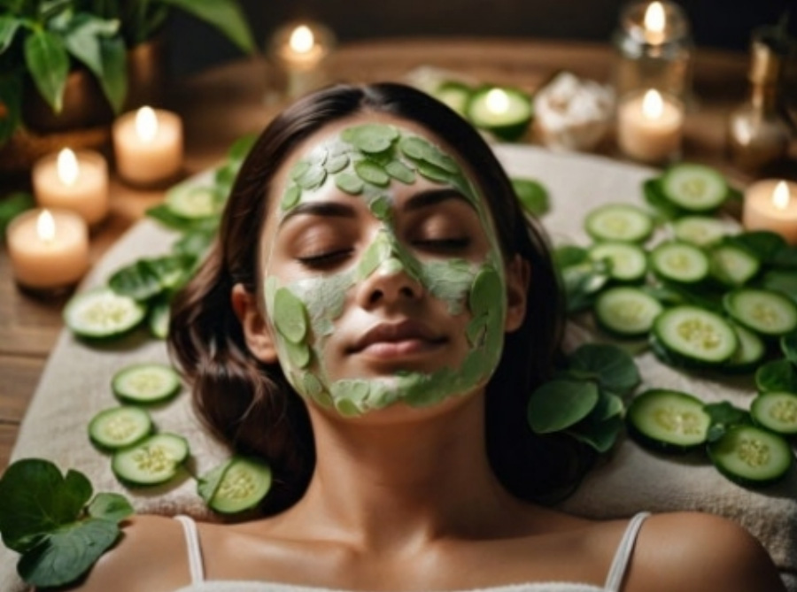 야생에서 채취를 한 오이를 편으로 얇게 썰은 것을 누워 있는 여성의 얼굴에 붙이고 주변 베개에도 오이 편을 놓아두고 찍은 사진