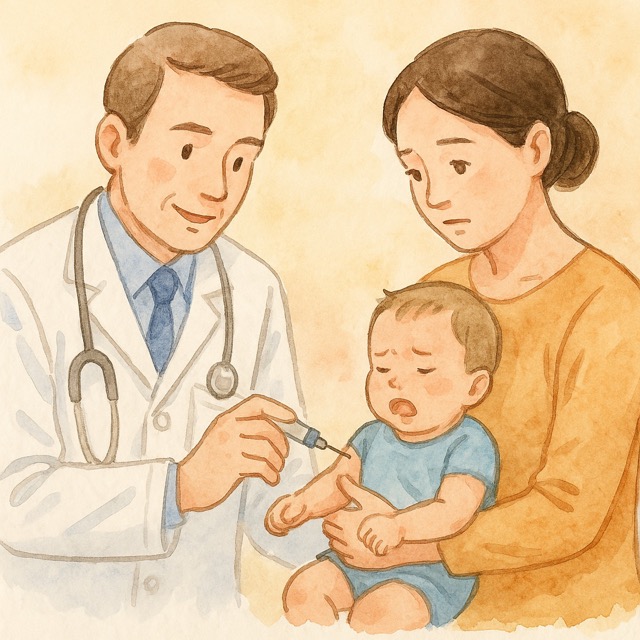 아기를 안고 있는 보호자와 백신 접종을 하는 의사