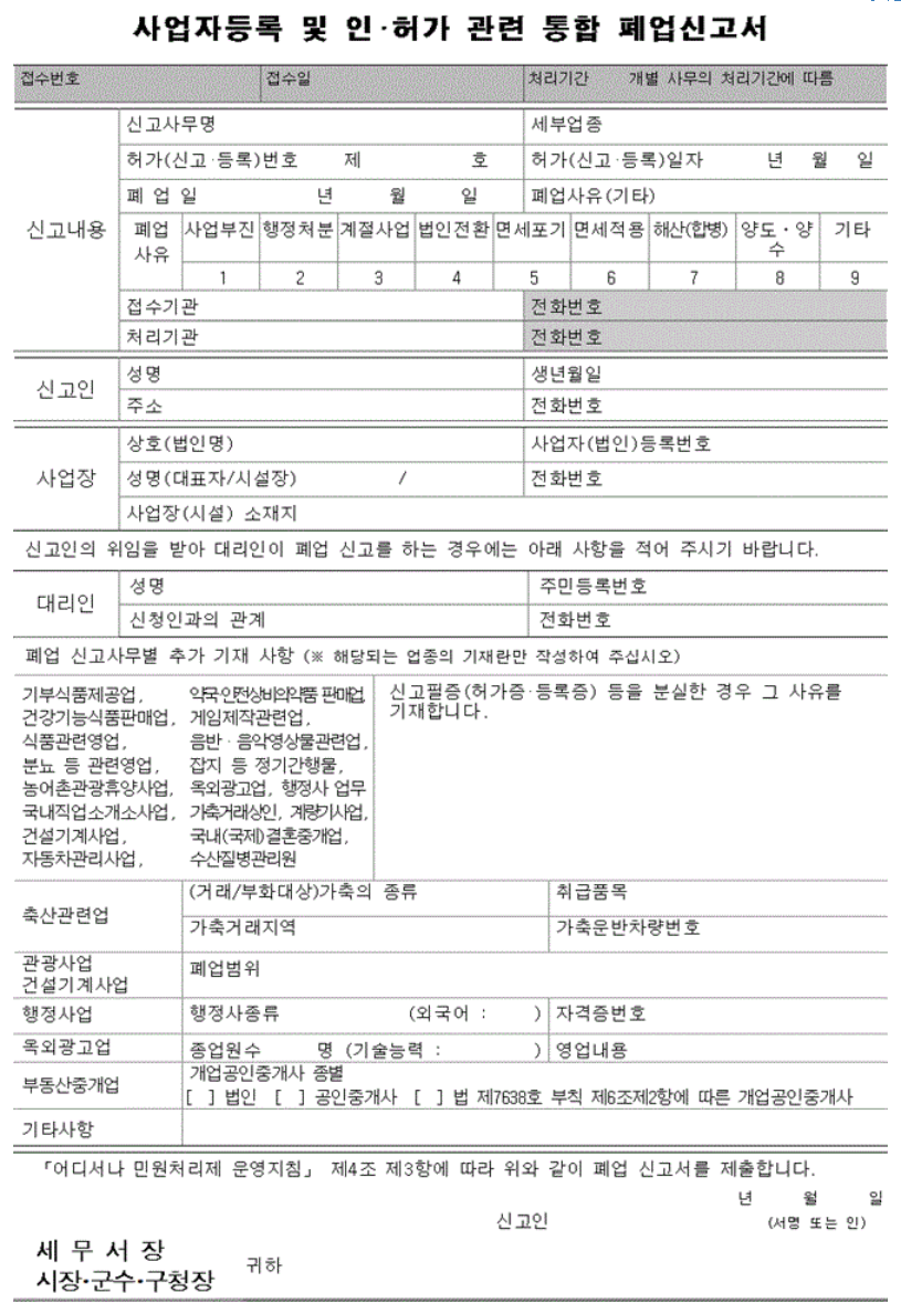 통합 폐업 신고서 양식으로, 신고내용을 작성하는 빈칸이 있습니다.