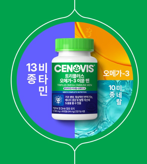 트리플러스-오메가3-통-사진과-13종-비타민과-10종-미네랄을-설명하고-있습니다.