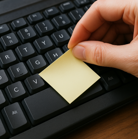 포스트잇으로 키보드 틈새 청소하는 모습