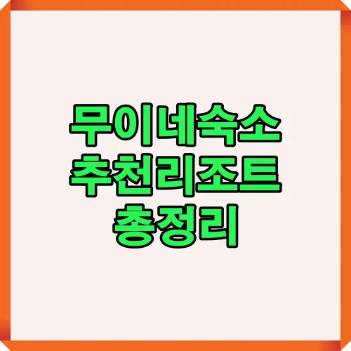 무이네숙소 추천리조트 총정리 안내 이미지로 베트남 무이네에서 머물기 좋은 호텔과 리조트를 한눈에 비교하고 여행자들이 선택할 수 있도록 돕는 정보형 그래픽