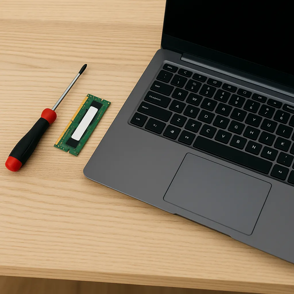 책상 위에 드라이버&amp;#44; 노트북&amp;#44; 새 램이 정돈된 DIY 작업 준비 장면