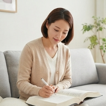 책을 펼쳐놓고 메모하는 엄마의 모습