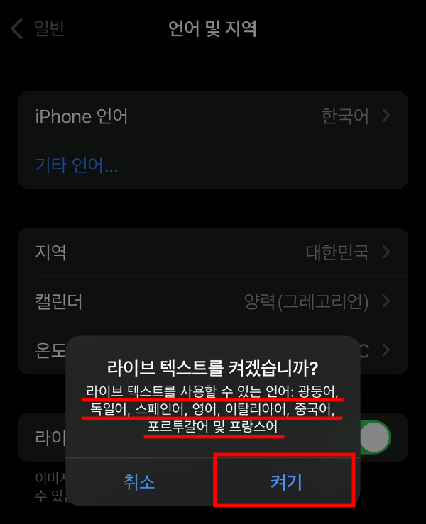아이폰 지원되는 언어 확인 후 라이브 텍스트 켜기