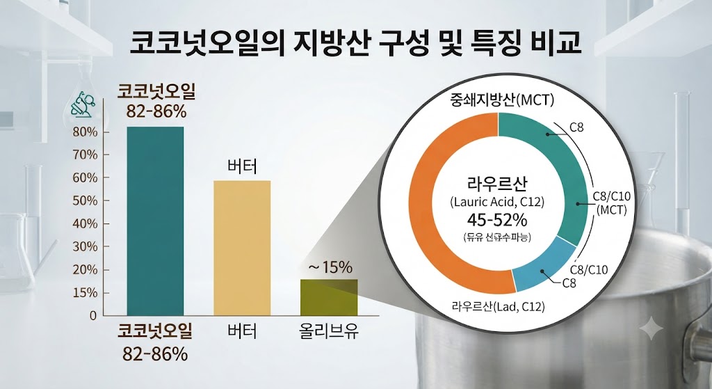 코코넛오일이 식물성 기름 중에서도 독보적으로 높은 포화지방(약 82~86%)을 함유하고 있음을 인포그래픽으로 시각화했습니다. 올리브유(저포화), 버터(중포화)와 비교 막대그래프를 제시하고, 그 안의 핵심 성분인 '라우르산(C12)'이 MCT 범주에 속하지만 체내에서는 다르게 작용함을 설명하는 다이어그램을 포함했습니다.