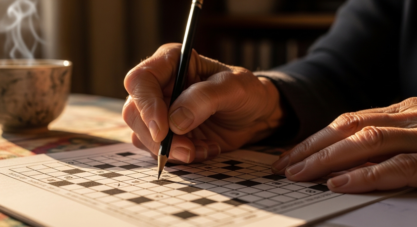 집에서 편안하게 스도쿠나 퍼즐을 푸는 시니어의 손, 집중하는 모습으로 지적 활동을 상징