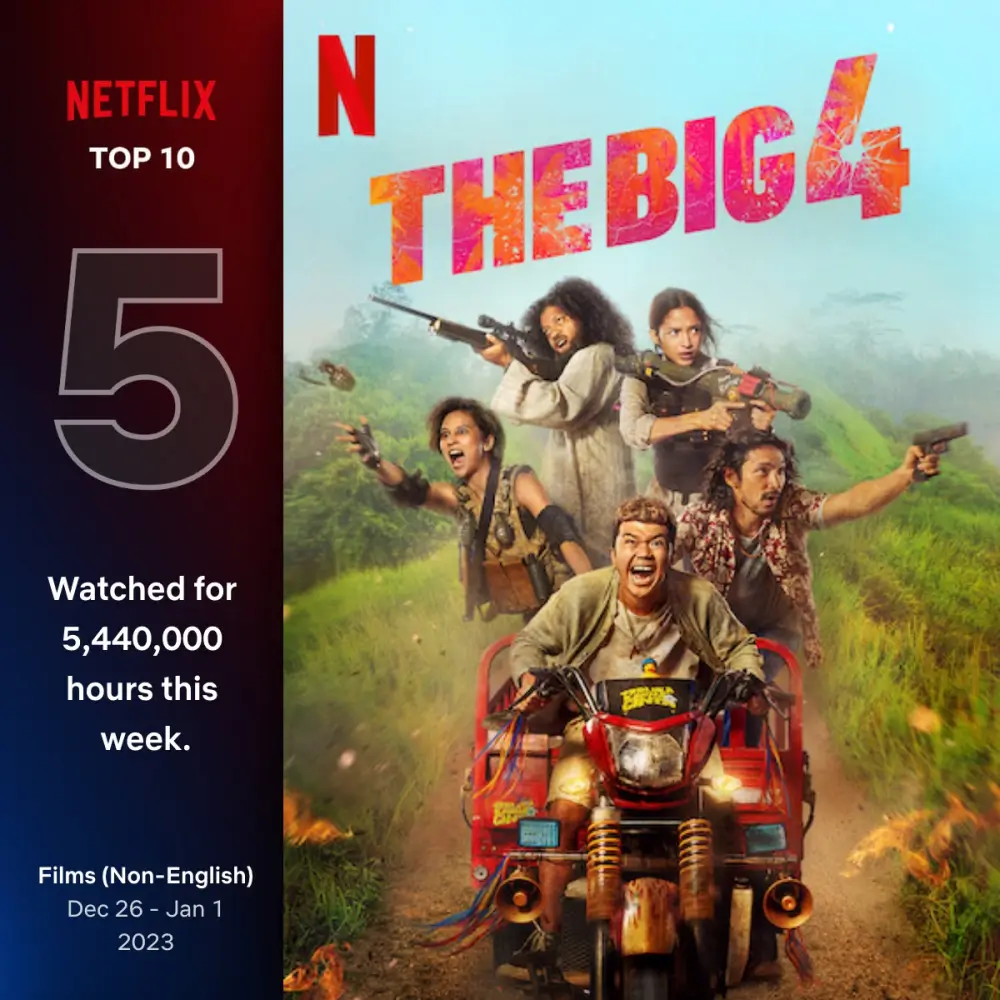 세발 오토바이를 타고 총격전을 하고 있는 주인공들