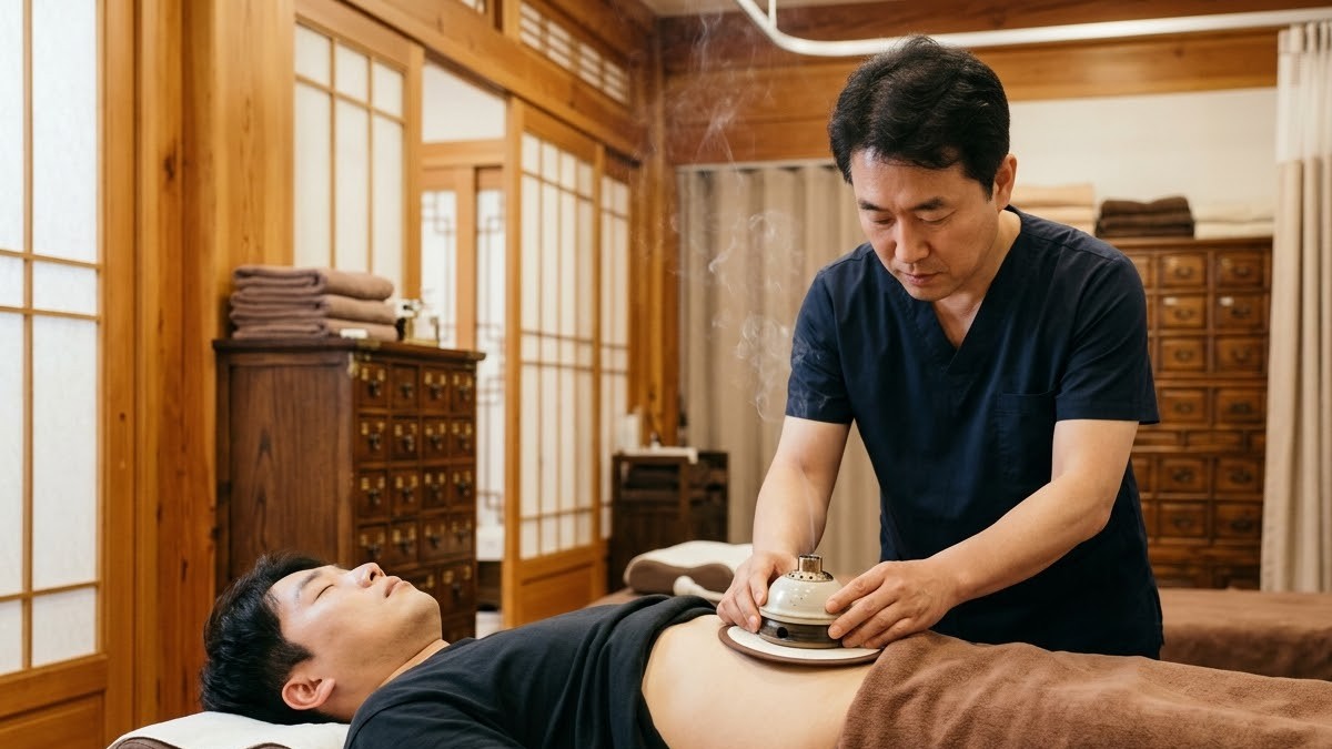 한의원 치료실에서 배 위에 온열 치료를 받는 환자