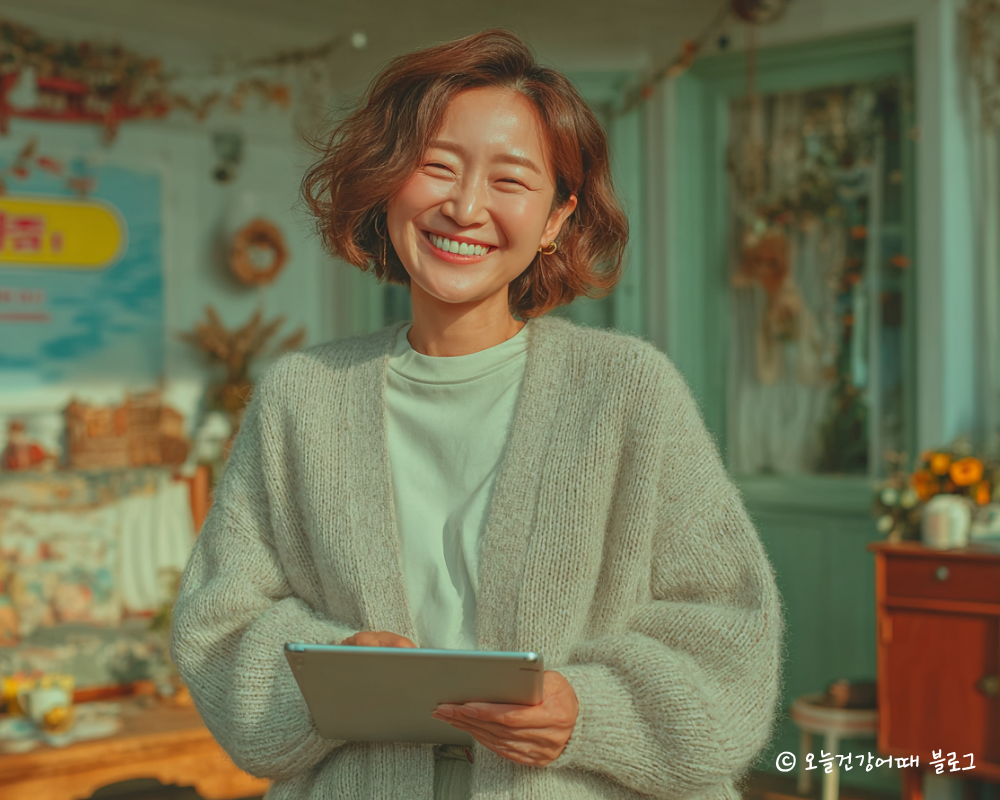 한국 여성, 건강검진, 태블릿, 일정 확인, 밝은 표정, 거실, 신뢰감