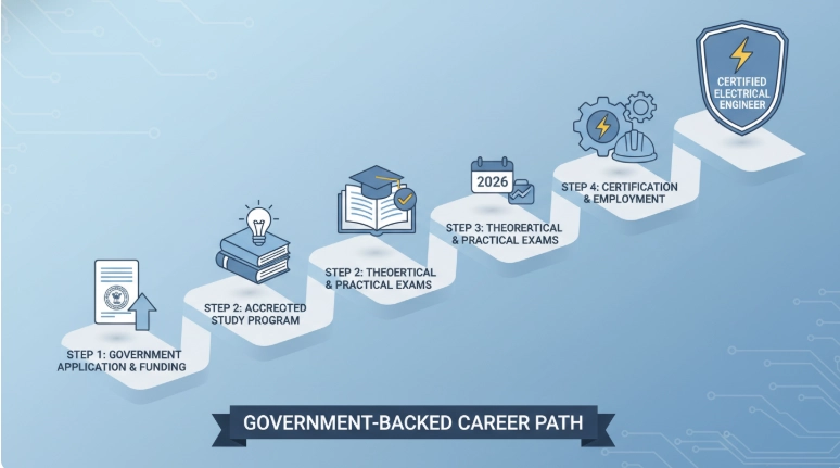 내일배움카드로 전기기사 자격증을 취득하는 과정을 단계별로 보여주는 인포그래픽 로드맵. 신청부터 공부, 시험, 취업까지의 과정이 아이콘과 경로로 표현되어 있습니다.