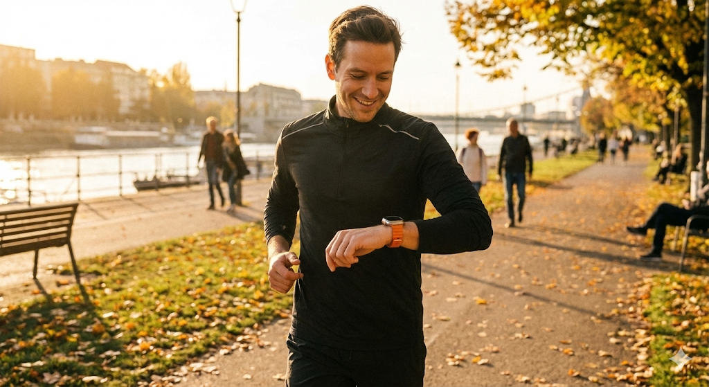 스마트워치 보면서 조깅하는 사람
