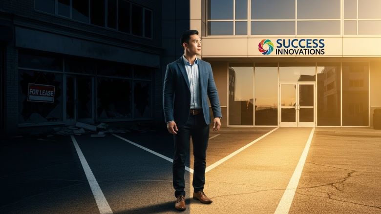 어두운 빌딩 앞 주차장에서 정장 입은 남성이 'SUCCESS INNOVATIONS' 간판이 있는 밝게 빛나는 유리문 건물을 바라보며 걸어가는 새로운 도전과 성공을 향한 여정 장면